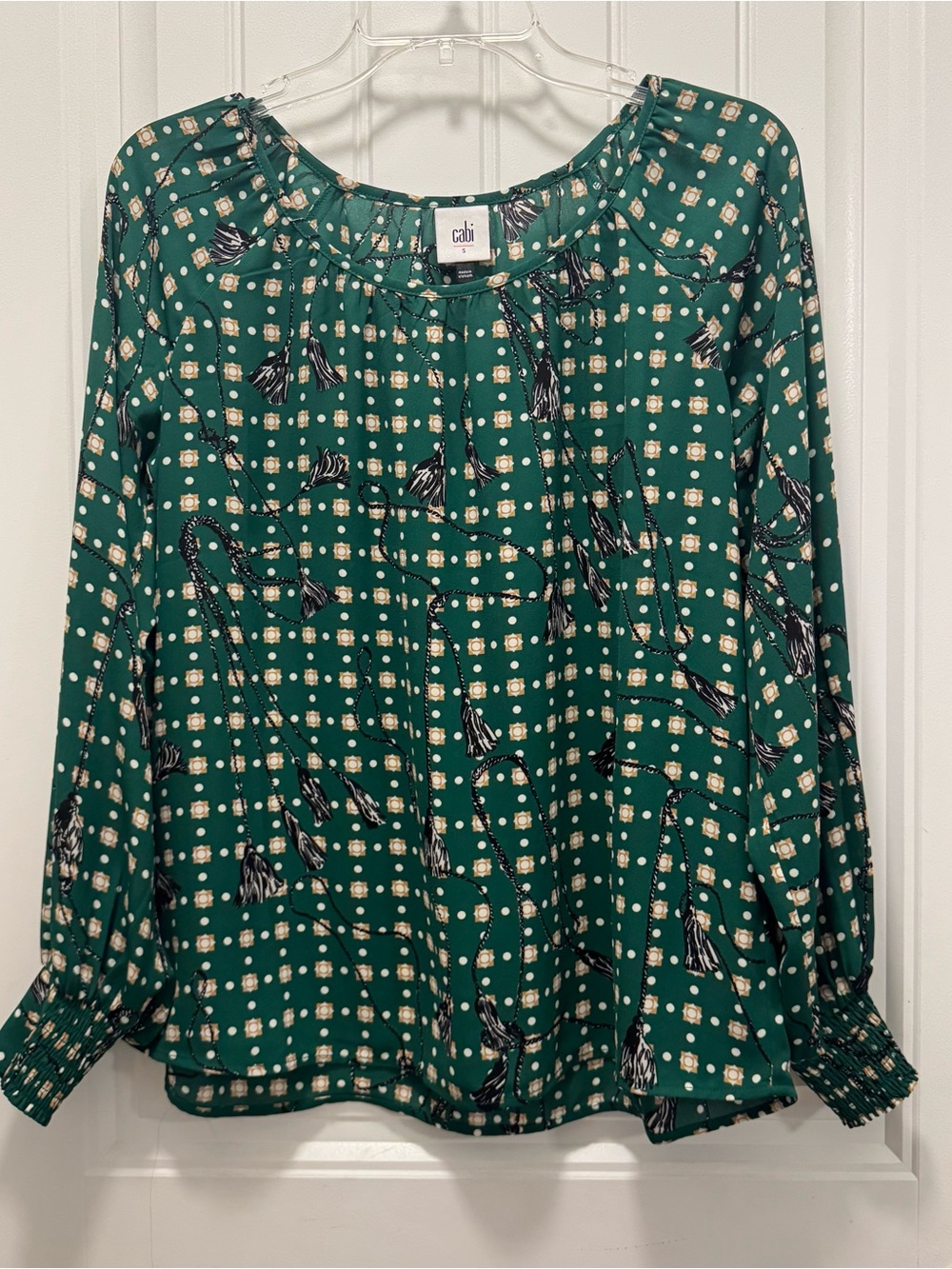 CAbi Voyage Blouse 4535 Small Green Polka Dot Tassel Cottagecore Boho Sheer